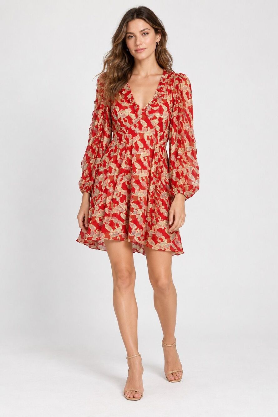 The Kooples Volute Cashmere Red Paisley Viscose Mini Dress Size 4 Boho